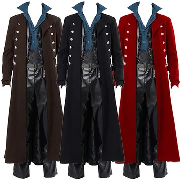 2021 Vintage Ortaçağ Kostümleri Steampunk Gotik Siyah Uzun Ceket Ceket Vampir Cosplay Korsan Cadılar Bayramı Kıyafet erkek Trençkot