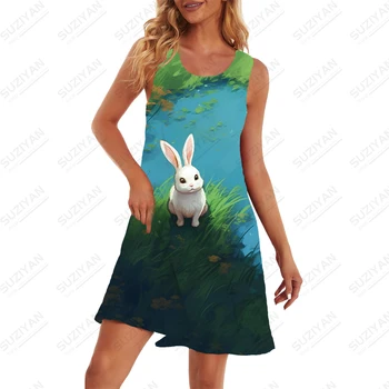 Tavşan Çim 3D Baskı Elbise Gevşek rahat elbise Basit Kolsuz Elbise Yaz Rahat Büyük Boy Elbise kadın Elbise