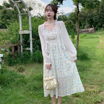 Kore Tatlı İki Parçalı elbise seti Kadınlar Casual Hırka Ceket + Çiçek Baskılı kemerli elbise Seti Zarif Elbise Takım Elbise Artı Boyutu 4XL