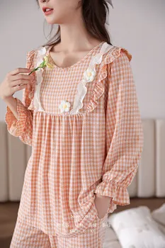 Kadınlar için pijama Örme Çiçek Uzun Kollu Lifli Kenar Ekose O-boyun Ev Tekstili Kawaii Rahat Yumuşak Loungewear 2 Parça Setleri