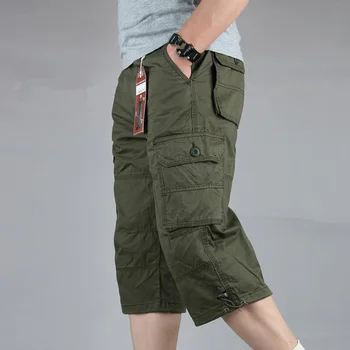 Yaz Rahat Uzun Uzunluk Kargo Şort Erkekler Pamuk Çok Cep Baggy Capri Sıcak Pantolon Taktik Askeri Ordu Kırpılmış Pantolon