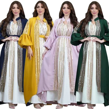Kadın Bayram Abaya 2 Parça Set WomenLantern Kollu Ramazan Pullu Jalabiya Elbise müslüman uzun elbise Maxi Elbise Kaftan Parti Vestidos