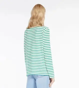 2023 Erken Sonbahar Yeni Kadın Yeşil Pamuk Çizgili Uzun kollu tişört