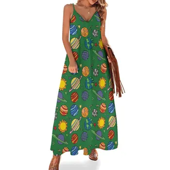 Gezegen Baskı / Uzay / Toprak / Astronomi / Bilim / Yeşil Kolsuz Elbise yaz giysileri balo kıyafetleri uzun elbise kadın