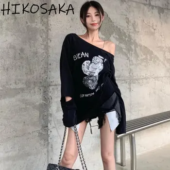 Kore Şık Rahat Kapalı Omuz Uzun Kollu Tişörtleri Kadın Sonbahar Tüm Maç Gevşek Vintage Baskı Tee Harajuku Rahat Y2k Tops