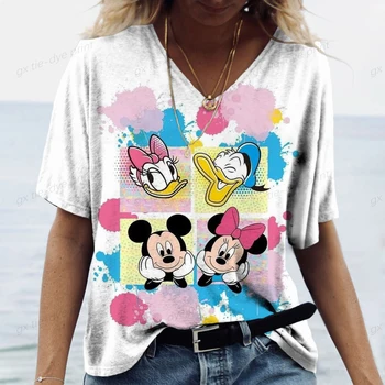 2023 Kadın Yaz Yeni Moda Disney Renkli Minnie 3D Baskılı kısa kollu tişört kadın V Yaka Rahat Sevimli Tarzı