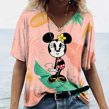 2023 Kadın Yaz Yeni Moda Disney Renkli Minnie 3D Baskılı kısa kollu tişört kadın V Yaka Rahat Sevimli Tarzı