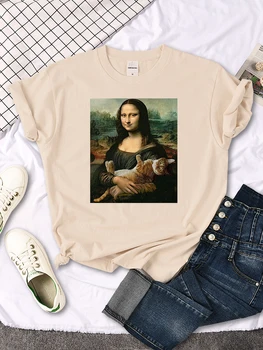 T Shirt Yaz Vintage kadın t-shirt Ünlü Resim Mona Lisa Tutun Kedi Komik Baskı kadın T Shirt Rahat Yumuşak Üstleri