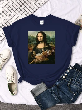 T Shirt Yaz Vintage kadın t-shirt Ünlü Resim Mona Lisa Tutun Kedi Komik Baskı kadın T Shirt Rahat Yumuşak Üstleri