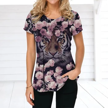 Moda kadın T-shirt Çiçek hayvan Grafik 3D Baskılı Kısa Kollu yazlık t-shirt büyük boy Polyester Elyaf Giyim