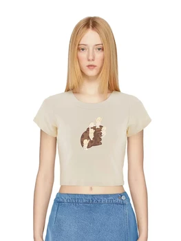 PUWD Kadın Pamuk Kayısı Tees 2023 Yaz Moda Bayanlar O Boyun Kısa Kollu Karikatür Baskılı T-Shirt Kadın Kırpma Üstleri