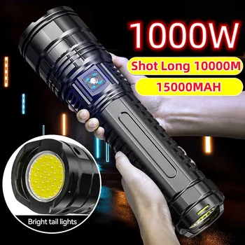 Yenı süper 1000 W dahili pil flaş ışığı acil spot 4 km 10000LM en güçlü LED el fenerleri taktik 15000 mah