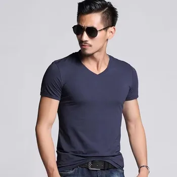 2023 Yeni erkek Tees Tops T Gömlek Saf Renk ModaL kısa kollu tişört Erkek V Yaka Üstleri Dip Gömlek