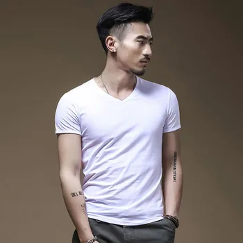 2023 Yeni erkek Tees Tops T Gömlek Saf Renk ModaL kısa kollu tişört Erkek V Yaka Üstleri Dip Gömlek