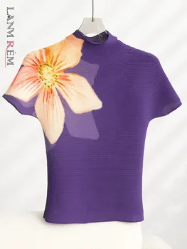 LANMREM Baskı Çiçek Pilili T - shirt Kadın Balıkçı Yaka Kısa Kollu İnce Üstleri moda Gelgit Üstleri 2023 Yeni Giyim 32D806