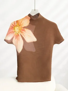 LANMREM Baskı Çiçek Pilili T - shirt Kadın Balıkçı Yaka Kısa Kollu İnce Üstleri moda Gelgit Üstleri 2023 Yeni Giyim 32D806