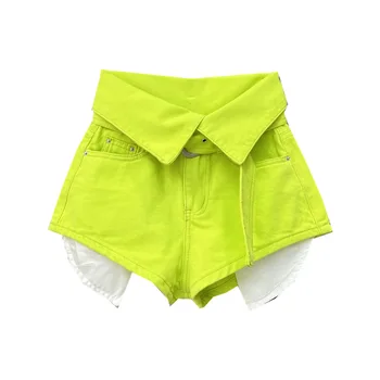 Kore Tasarım Yüksek Belli Geniş Bacak A-line Şort Floresan Renk Yeşil Denim Sıcak Pantolon Kadınlar için