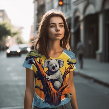 Karikatür Koala 3D baskılı tişört Üstleri Kadın Klasik Yuvarlak Boyun T-shirt Yaz Gevşek günlük t-shirt Ev Günlük T-shirt