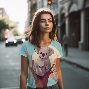 Karikatür Koala 3D baskılı tişört Üstleri Kadın Klasik Yuvarlak Boyun T-shirt Yaz Gevşek günlük t-shirt Ev Günlük T-shirt