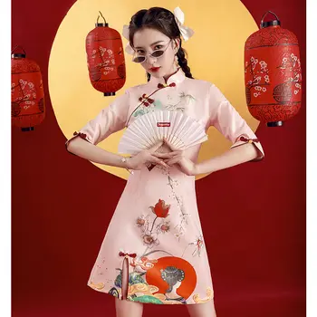 Cheongsam Elbise Modern Kadın 2022 Yeni Bahar Uzun kollu Genç Kız Geliştirilmiş Pembe Günlük Qipao Vestido