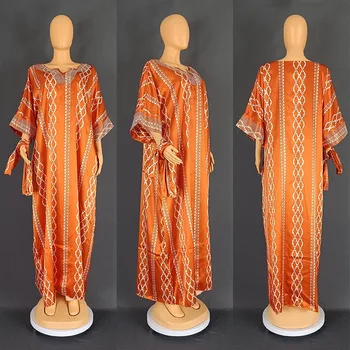 Afrikanische Kleider für Frauen Herbst elegant Kurzarm V-Ausschnitt orange grün langes Kleid muslimische Mode Abaya