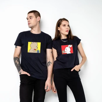 Temel T Shirt Erkek Kadın Çift Ayı Robbit Baskı Giyim Pamuk Tees Kısa Kollu Tişörtleri Casual Sevgilisi Giysi Baskı Üst