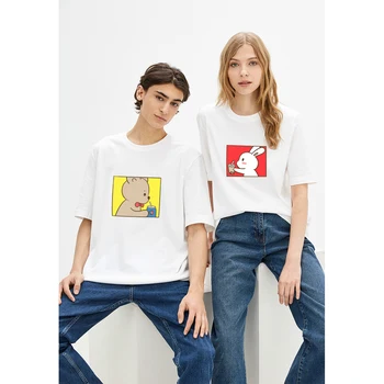 Temel T Shirt Erkek Kadın Çift Ayı Robbit Baskı Giyim Pamuk Tees Kısa Kollu Tişörtleri Casual Sevgilisi Giysi Baskı Üst