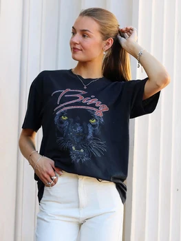 Leopar Grafik T-Shirt kadın kıyafetleri 2023 Yaz Mektubu Baskılı Şık Pamuklu Tişört Kadın Vintage Moda Tees Gömlek Tops