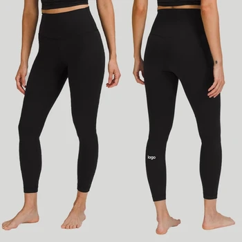 Logo ile Yüksek Bel Siyah Tayt Kadın Naylon Yumuşak Çıplak Push Up Yoga Pantolon Eğitim Bayanlar Tayt Spor Salonu Giyim 23 Renk