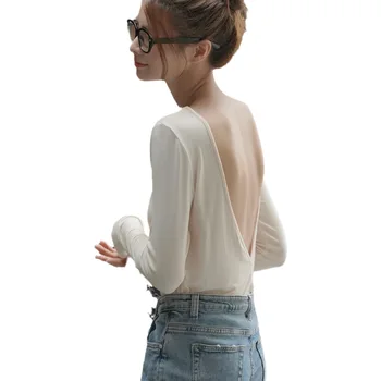2023 Sonbahar Yeni Moda Seksi Aç Geri Streç Örme Pamuklu Gömlek Zayıflama Fit Alt Üstleri Kadın Backless Gömlek Uzun Kollu