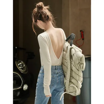 2023 Sonbahar Yeni Moda Seksi Aç Geri Streç Örme Pamuklu Gömlek Zayıflama Fit Alt Üstleri Kadın Backless Gömlek Uzun Kollu