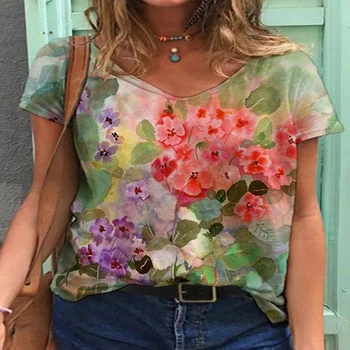 Kadın V Yaka T-Shirt Sokak Trendi Rahat Gömlek 3d Baskı Çok Yönlü Giyim Gevşek Moda Rahat Yarım Kollu