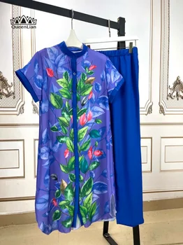 2023 Yeni Moda Rahat Seti Afrika Uzun Üst kadın Baskılı Kazak Şifon Gömlek kalem pantolon (88 #)