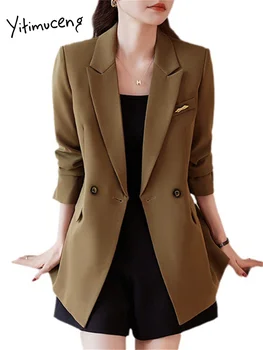 Yitimuceng Sarı Blazers Kadınlar için 2023 Yeni Moda Ofis Bayanlar Bölünmüş İnce Palto Vintage Casual Uzun Kollu Yaka Şık Ceket