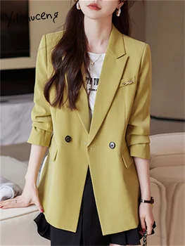 Yitimuceng Sarı Blazers Kadınlar için 2023 Yeni Moda Ofis Bayanlar Bölünmüş İnce Palto Vintage Casual Uzun Kollu Yaka Şık Ceket