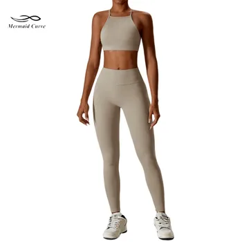 Orta / Yüksek Yoğunluklu Koşu Takım Elbise Kadın Yüksek Bel Elastik Spor Tayt + Geri Çapraz Omuz Askısı Sutyen 2 Adet Yoga pilates seti