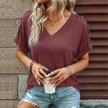 Sıcak Yaz Üstleri kadın Moda Düğmesi T-Shirt Yaz Kısa Kollu Bayan Üstleri Rahat Düz Renk V Yaka Gömlek Kadın 6522