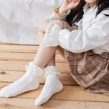 Patchwork Moda Tasarım Ruffles JK Üniforma Aksesuarları Orta Tüp Çorap Lolita Çorap Kore Tarzı Kızlar Dantel Çorap