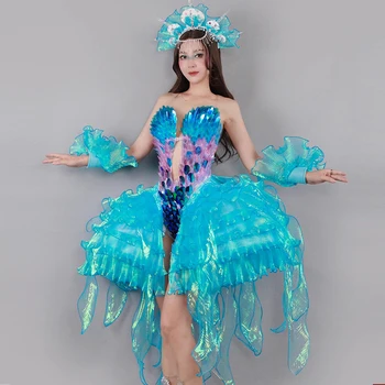 2023 Yeni Mermaid Şarkıcı Performans Sahne Kostüm Seksi Sequins Bodysuit Mavi Dalga Etek Gogo Dans Giyim Clubwear VDB7095
