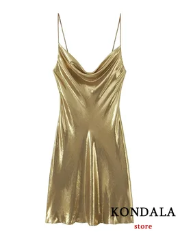 KONDALA Seksi Katı Altın Parti Kadın Elbise Kolsuz V Yaka Cami Metal Elbise Yeni Moda 2023 Sonbahar Akşam Gece Kulübü Elbise