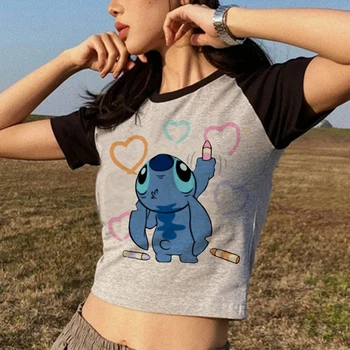 Kırpma Üst Disney Kawaii Lilo Dikiş Komik Karikatür T Shirt Kadın Dikiş Sevimli Manga T-shirt Y2k Grafik Tişört Tees Kadın Kırpılmış