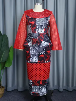 2023 Afrika Düğün Parti Elbiseler Kadınlar için Afrika Baskı Uzun Mesh Hollow Out Patchwork O-boyun Fırfır See Through Maxi elbise