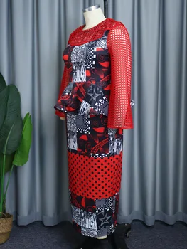 2023 Afrika Düğün Parti Elbiseler Kadınlar için Afrika Baskı Uzun Mesh Hollow Out Patchwork O-boyun Fırfır See Through Maxi elbise