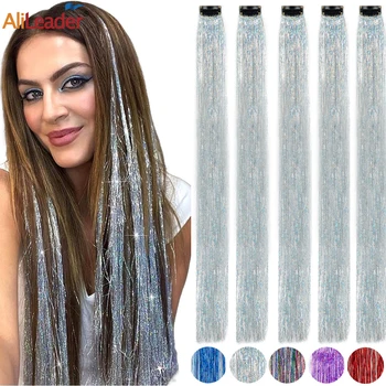 Gümüş Mavi Gökkuşağı Renkli Saç Tinsel Klip 19.5 İnç peri saç tokası Saç Tinsel Glitter saç ekleme 5 Adet kadınlar İçin