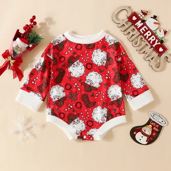 Toddler Erkek Bebek Kız Benim Ilk Noel Romper Uzun Kollu Ekip Boyun Santa Desen Bodysuit Tulum Noel Kostüm Güz Kış