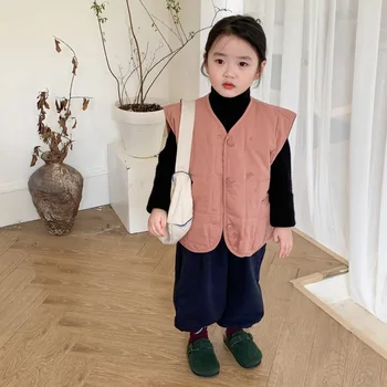 2023 Sonbahar Kış Yeni Kalın Gevşek Retro Moda Tüm Maç Kore Kız Yelek Katı Rahat Tüm Maç çocuk yelek