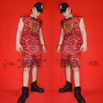 Gece kulübü erkek şarkıcı DJ GOGO GD aynı sokak marka hip-hop turuncu hayvan yama yelek performans takım elbise
