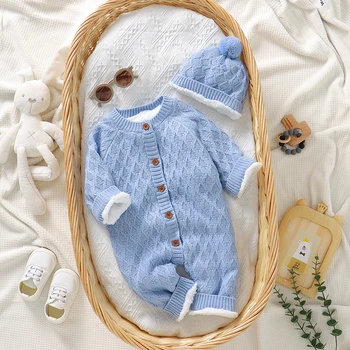 Kış Bebek Tulum Şapka Giyim Setleri Sonbahar Rahat Mavi Uzun Kollu Yenidoğan Bebek Erkek Kız Polar Tulumlar Kıyafetler 0 - 18m Giyim