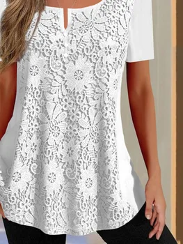 Kadın bluz 2023 İlkbahar / Yaz Yeni Dantel Gömlek Düz Yuvarlak Boyun Dantel Kısa Kollu Üst Gevşek Gömlek