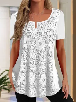 Kadın bluz 2023 İlkbahar / Yaz Yeni Dantel Gömlek Düz Yuvarlak Boyun Dantel Kısa Kollu Üst Gevşek Gömlek